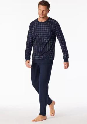 Schlafanzug lang Interlock Bündchen nachtblau kariert - Fine Interlock 48