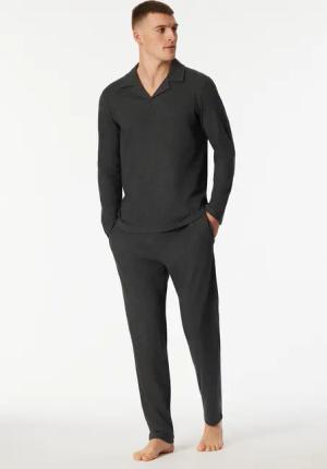 Schlafanzug lang Interlock Polokragen dunkelgrau-meliert - Selected Premium Warming 58