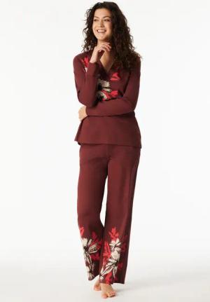 Schlafanzug lang Interlock V-Ausschnitt Blumen burgund - Comfort Interlock 36