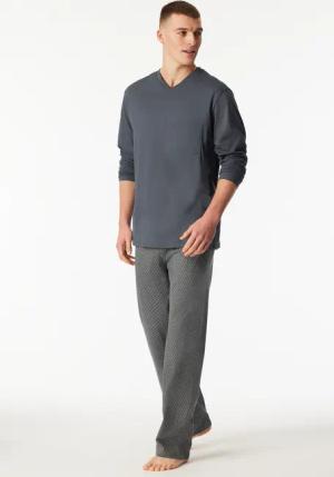 Schlafanzug lang V-Ausschnitt Brusttasche dunkelgrau gemustert - Comfort Essentials 48