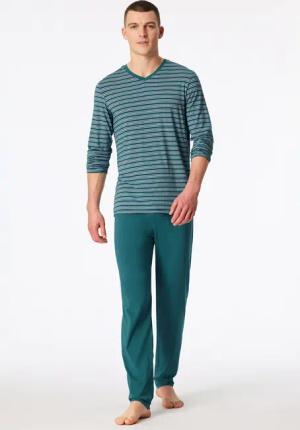 Schlafanzug lang V-Ausschnitt Ringel grün - Long Life Soft 48