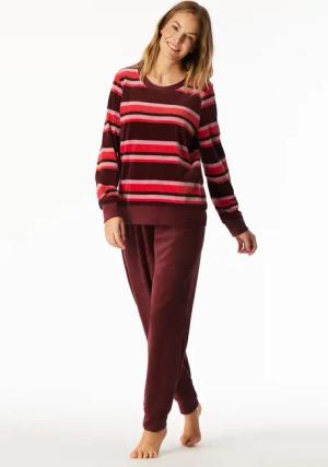 Schlafanzug lang Velour Bündchen Ringel burgund - Comfort Nightwear 40