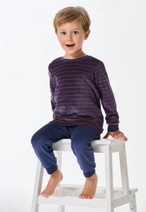 Schlafanzug lang Velour Bündchen Streifen dunkelblau - Boys World 104