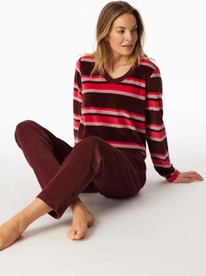 Schlafanzug lang Velour Ringel burgund - Comfort Nightwear 40