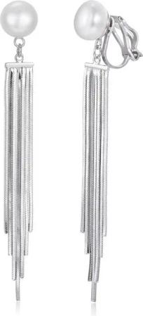 Schöner-SD Paar Ohrclips Perlenohrclips Süßwasserperle Clips mit langen Ketten hängend, 925 Silber rhodiniert