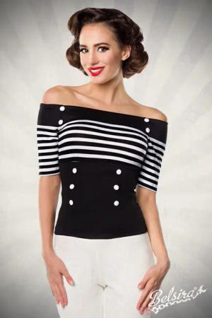 Schulterfreie Rockabilly  Jersey-Bluse im Retro-Style mit kurzen Ärmeln, Stoffknöpfen und Zipper am Rücken  Vintage-Chic von BELSIRA