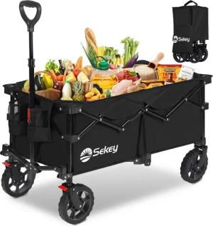 Sekey Bollerwagen Bollerwagen Faltbar Handwagen Belastbar bis 150kg Transportwagen, Zusammenfaltbar aus 4 Richtungen, mit verstellbarem Handgriff
