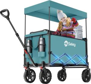 Sekey Bollerwagen Bollerwagen Faltbar mit Dach, 150L Handwagen Tragfähigkeit von 150 kg, Klappbarer Transportwagen mit Sonnenschutz für Ausflug Strand Camping