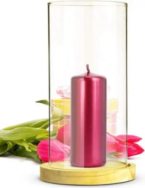 Sendez Windlicht Glaszylinder mit Holzteller Kerzenhalter Kerzenständer Laterne
