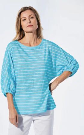 Shirt aus Effektgarn - türkis / weiß / geringelt - Gr. 23 von Goldner Fashion