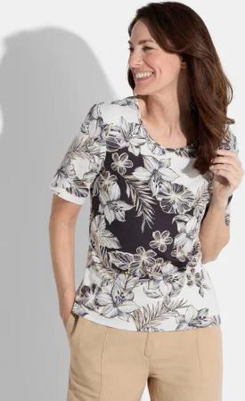 Shirt mit Blumenmuster - weiß / schwarz / pfirsich / gemustert - Gr. 52 von Goldner Fashion