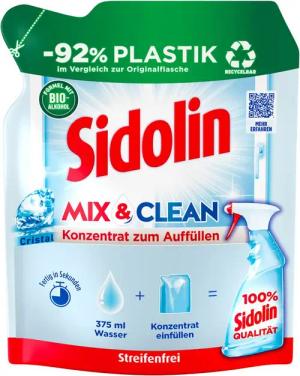 SIDOLIN All in 1 Streifenfrei Konzentrat Mix & Clean Cristal 125ml Glasreiniger (für Sauberkeit, Glanz & Schutz)