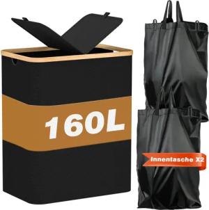 skelo Wäschekorb 160L Wäschekorb mit zweiteiligem Deckel, Abnehmbare Wäschesack (1 St., Innentaschen + Wäschekorb), 2 fächer, Wäschesammler mit Deckel und Griff, 57 x 37 x 75 cm