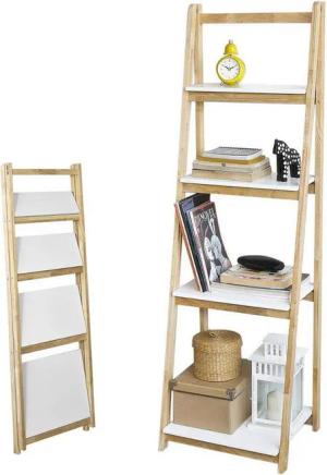 SoBuy Leiterregal FRG162, Standregal Bücherregal mit 4 Böden Kautschukholz und MDF klappbar