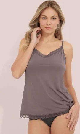 Spaghetti-Trägerhemd mit Spitzenborte - braun - Gr. L von Goldner Fashion