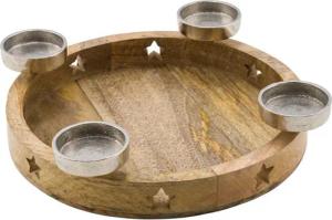 Spetebo Adventskranz Mango Kerzenhalter - 4 Alu Kerzenteller - rund, aus Mangoholz mit Aluminiumhalter