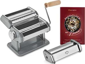 SPRINGLANE Manuelle Nudelmaschine Nonna, Edelstahl, Pastamaker inkl. Rezeptheft, Nudeltrockner, Linguineaufsatz & 3 Schneideaufsätze für Spaghetti, Lasagne, Tagliatelle - Grau