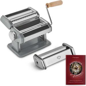 Springlane Nudelmaschine - Manuelle Nudelmaschine aus Edelstahl inkl. Linguine Aufsatz, Rezeptbuch, Nudeltrockner & 3 Schneideaufsätze, 9 Teigdicke-Stufen