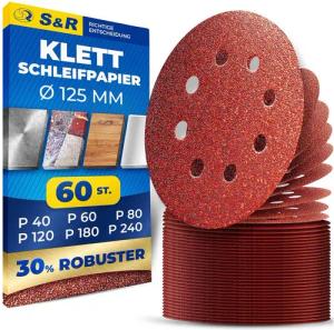 S&R Schleifpapier Klett Schleifpapier Professional, Set Ø 125 mm, (Set, 60 St., je 10x P40, P60, P80, P120, P180, P240), 8 Löcher, Schleifblätter für Exzenterschleifer