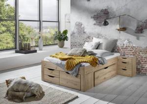 Stauraumbett Noah 140 x 200 cm, mit Rolllattenrost, 5 Bettschubladen und Federkernmatratze, Ausf. Eiche Artisan Dekor