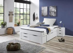 Stauraumbett Noah 140 x 200 cm, mit Rolllattenrost mit 5 Bettschubladen, Ausf. Weiß Dekor