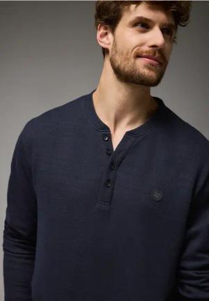 Street One MEN Männer Henleyshirt im Melange-Look in Blau, Gr: M
