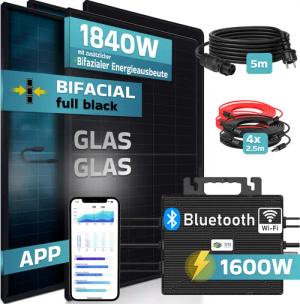 SUNNIVA® 1840W Balkonkraftwerk BIFAZIAL FULLBLACK komplett Steckdose ASTRO-E 1600W Wechselrichter, PV Solaranlage, 4x 460W Glas-Glas Solarmodule, inkl. 5m Kabel, Bluetooth WIFI, Komplettset