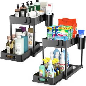 SURFOU Ablageregal Arbeitsplatte Badezimmer Schubladen Küchen Organizer Regal, Multifunktionales Spülschrankregal mit Schublade, 8 Haken und 2 Tassen, 2-Stufiges Lagerregal mit Ausziehbaren Schubladen