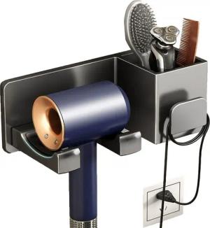 SURFOU Haartrocknerhalter Föhnhalter Wand Ohne Bohren Schwarz, Föhn Halterung mit Steckerhalter, (SET, Wandregal für Föhn-Badezimmer Aufbewahrung, mit Aufbewahrung, Rostfrei Space-Aluminium, mit nagelfreiem Kleber, für Haushalte Badezimmer Hotels Gästezim