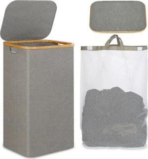 SURFOU Wäschekorb Wäschesammler mit Deckel Laundry Baskets Waschesammelbox Wäschetonne (100L Große Speicherkapazität Faltbarer Wäschesack aus Oxford-Gewebe Bambus Wäschebox mit Griff, Grau/Schwarz, Laundry Baskets, Wäschetonne für Schmutzwäsche, 1 St., mi