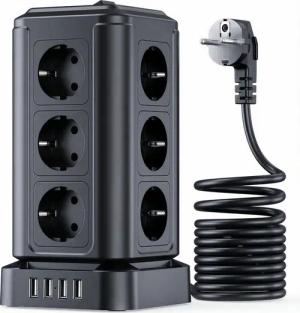 SWGOTA Steckdosenturm 12-fach mit 4× USB-A, 4000W, Überspannungsschutz Mehrfachsteckdose, Mehrfachsteckdose Turm mit Schalter, 12 Steckdosen, 2 m Kabel
