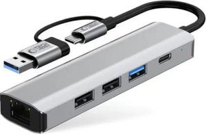 TECH PROTECT HB03 USB-Adapter USB-C Stecker, USB-A Stecker zu USB-A Buchse, USB-C Buchse, RJ45 Buchse, Multifunktionaler 5-in-1 Adapter mit schneller Datenübertragung