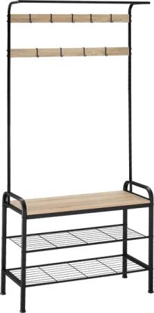 tectake® Garderobenständer, Industrial Style, mit Sitzfläche, 2 Gitterablagen und 9 abnehmbaren Haken, inklusive Kippschutz, 85,5 x 36 x 184 cm