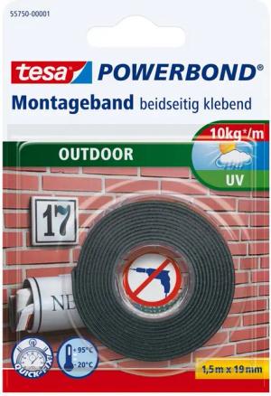 tesa Doppelklebeband POWERBOND Outdoor Doppelseitiges Klebeband (Packung, 1-St) für draussen - 1,5 m : 19 mm