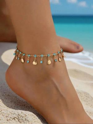 The Beauty House Fußkette mit Anhänger Fußkettchen Damen – Boho Fußkette mit Muscheln & blauen Steinen, verstellbar, Strand Schmuck Sommer