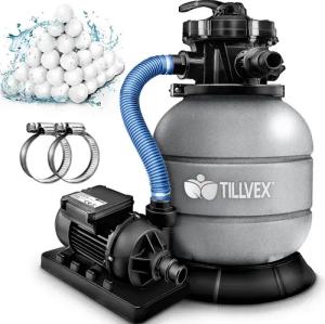 tillvex Sandfilteranlage Filteranlage 7.900L/h mit 400g Filterbällen + Pumpe Filter (Set), 7-Wege Ventil