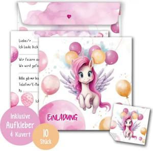 TOBJA Einladungskarten 10 Einladungskarten Einhorn inkl Umschläge und Sticker, Kindergeburtstag Mädchen Geburtstag Einladung Kinder