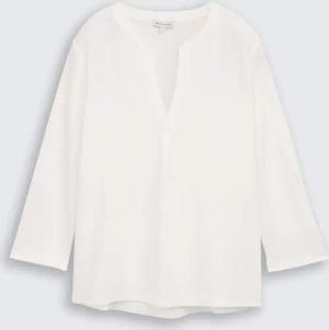 TOM TAILOR Damen Henley Langarmshirt im Material-Mix, weiß, Uni, Gr. S