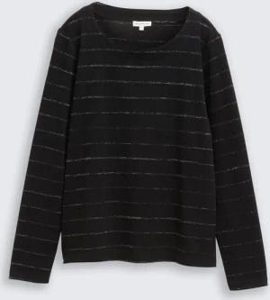 TOM TAILOR Damen Langarmshirt mit Glitzer-Streifenmuster, schwarz, Gestreift, Gr. M