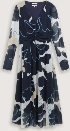 TOM TAILOR Damen Midi-Meshkleid mit Raffungen, blau, Geblümt, Gr. 36