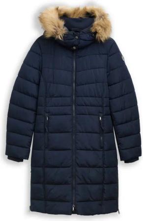 TOM TAILOR Damen Puffer-Mantel mit abnehmbarer Kapuze, blau, Uni, Gr. S