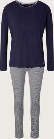 TOM TAILOR Damen Pyjama-Set mit Streifenhose, blau, Logo Print, Gr. 36