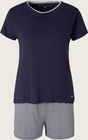 TOM TAILOR Damen Pyjama-Set mit Streifenmuster, blau, Gestreift, Gr. 38
