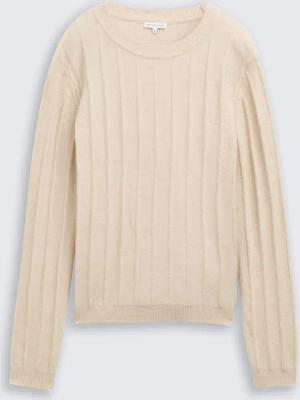 TOM TAILOR Damen Rib Strickpullover mit Wollanteil, beige, Meliert, Gr. L