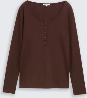 TOM TAILOR Damen Slim Fit Henley Langarmshirt, braun, Uni, Gr. XXL