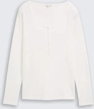 TOM TAILOR Damen Slim Fit Henley Langarmshirt, weiß, Uni, Gr. S