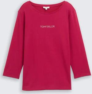 TOM TAILOR Damen Slim Fit Langarmshirt mit Glitzer-Logo, rot, Uni, Gr. XS