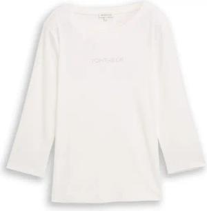 TOM TAILOR Damen Slim Fit Langarmshirt mit Glitzer-Logo, weiß, Uni, Gr. XL