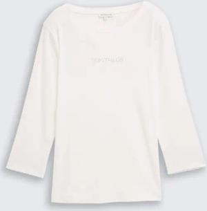 TOM TAILOR Damen Slim Fit Langarmshirt mit Glitzer-Logo, weiß, Uni, Gr. XS