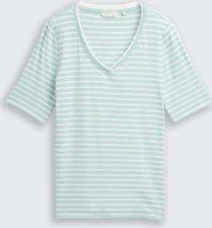 TOM TAILOR Damen Slim Fit T-Shirt mit V-Ausschnitt, grün, Gestreift, Gr. M